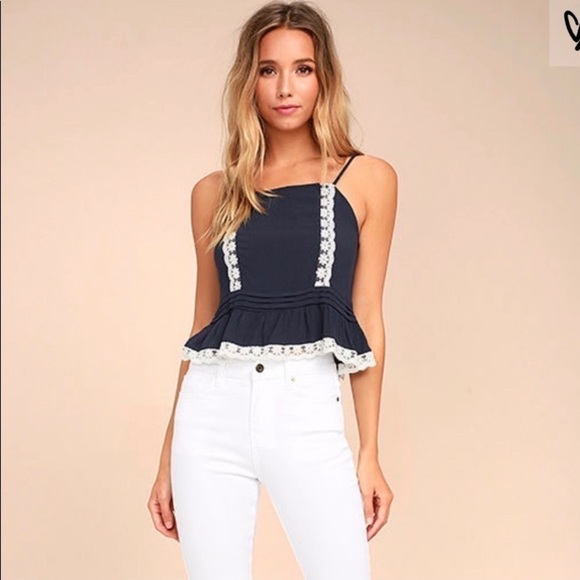 Lulus crop top navy an white lace  adjustable strap flowing tank top shirt xl - Picture 2 of 6